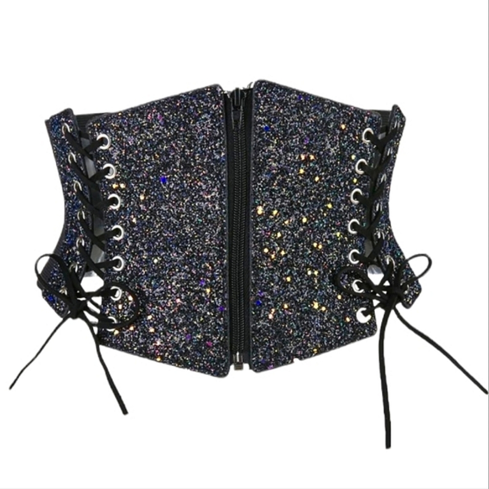 Black Glitter ZipUp Corset Belt Gem